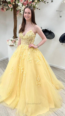 Yellow Spaghetti Straps V-neck Lace Top A-line Long Prom Dress, PD3424